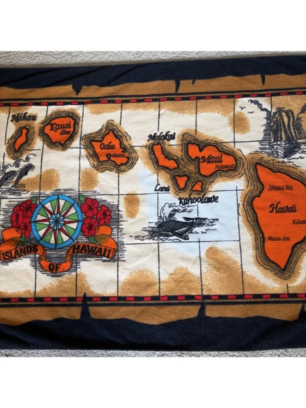 Vintage 90s Islands Of Hawaii Beach Towel Map Hibiscus Colorful Aloha 30X56''